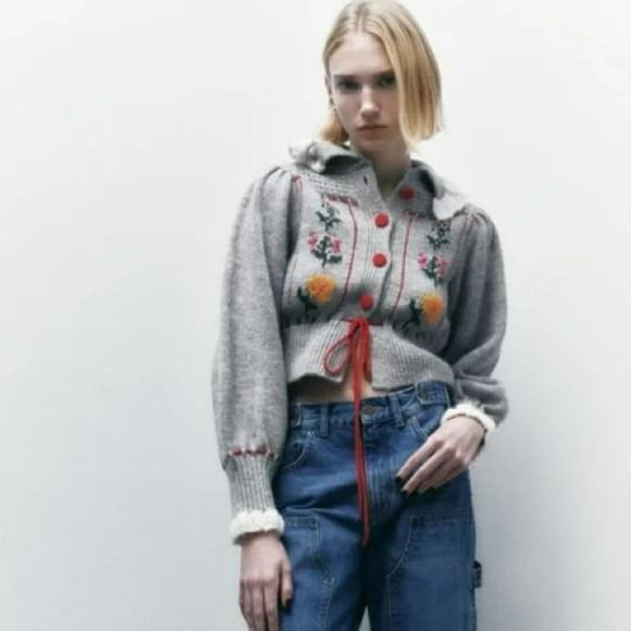 ZARA JACQUARD COLLARED FLORAL KNIT CARDIGAN - Picture 3 of 3